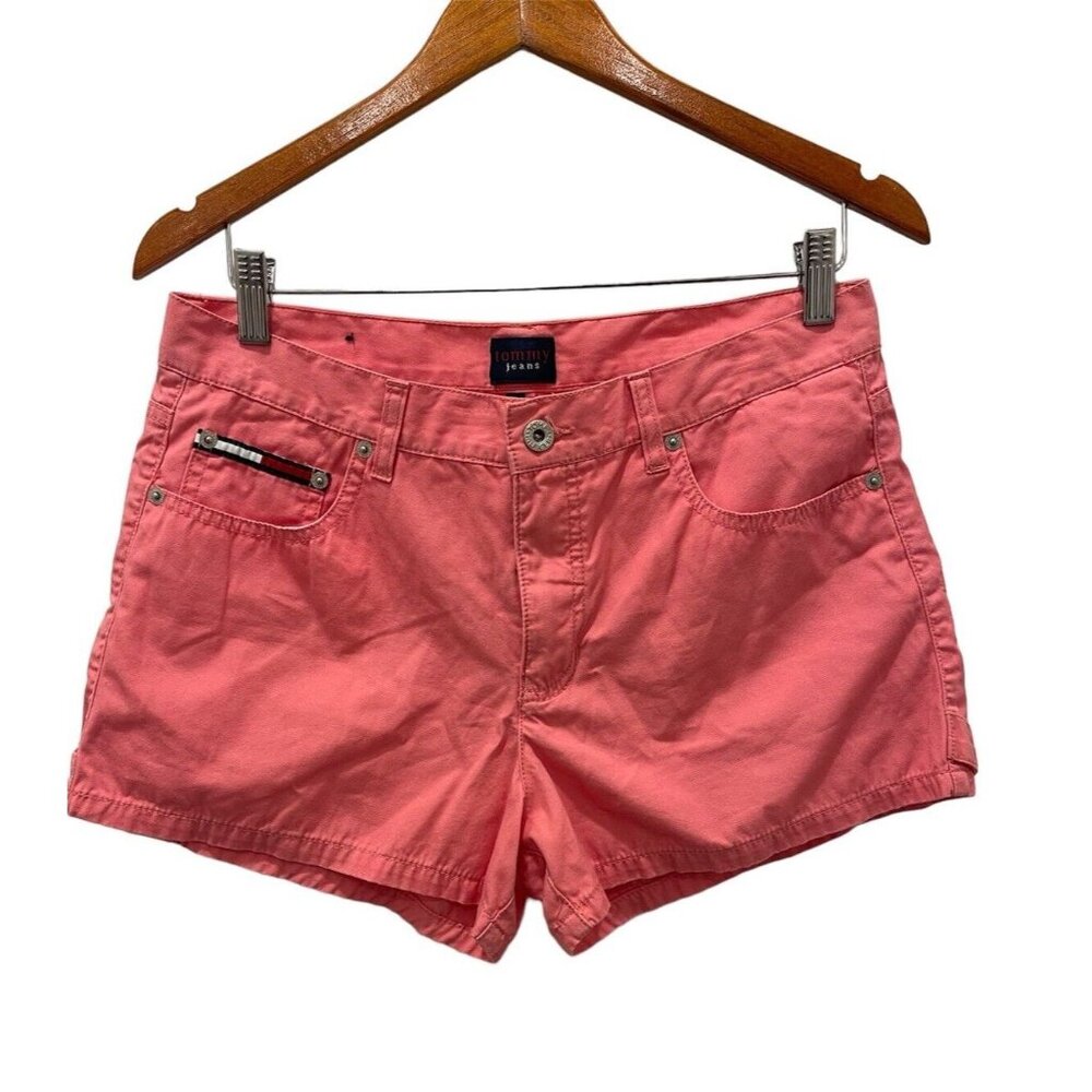 Vintage TOMMY HILFIGER Y2K Hip Short Denim Jean Shorts Pink Low Rise Size 11